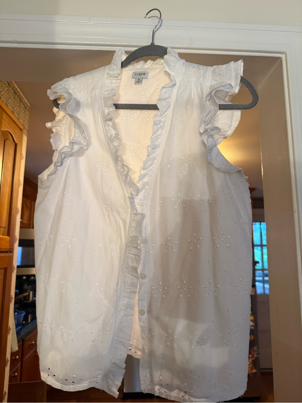 J. Crew White Eyelet Ruffle Button-Front Sleeveless Blouse
